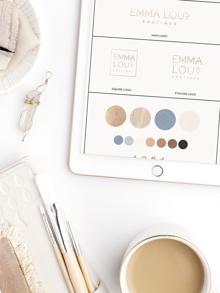 Branding and logo design in rose golds, neutrals and a pop of powder blue. For Emma Lou's Boutique!