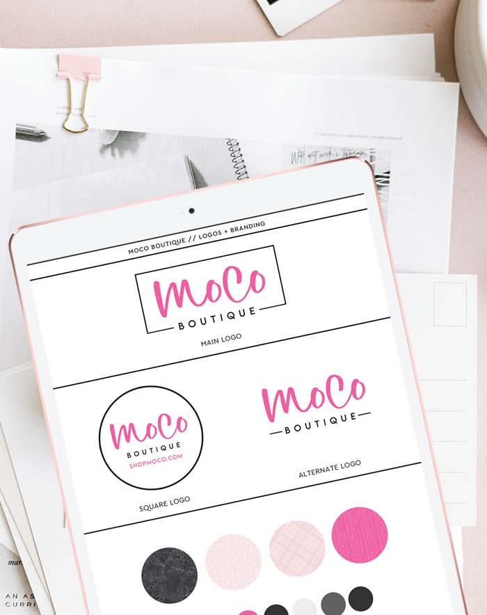 Logo and branding in hot pink, powder pink and black tones for MOCO boutique.