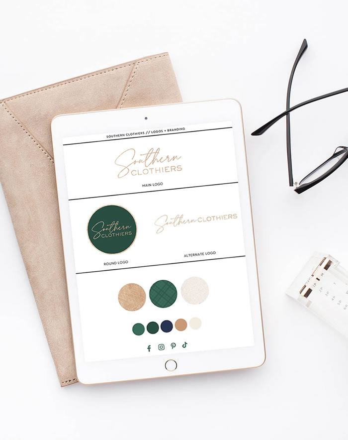 Southern Clothiers boutique branding and logos. Colors are dark green, rose gold and neutrals, logo style is classic script.